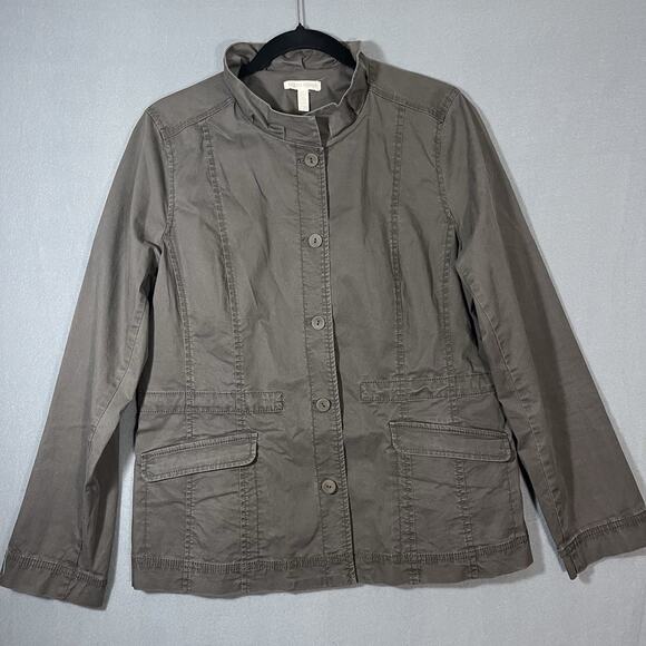 Eileen Fisher Womens Ruffle Collar Jacket Medium Tan Stretch Button Down‎ Blazer - Picture 1 of 11